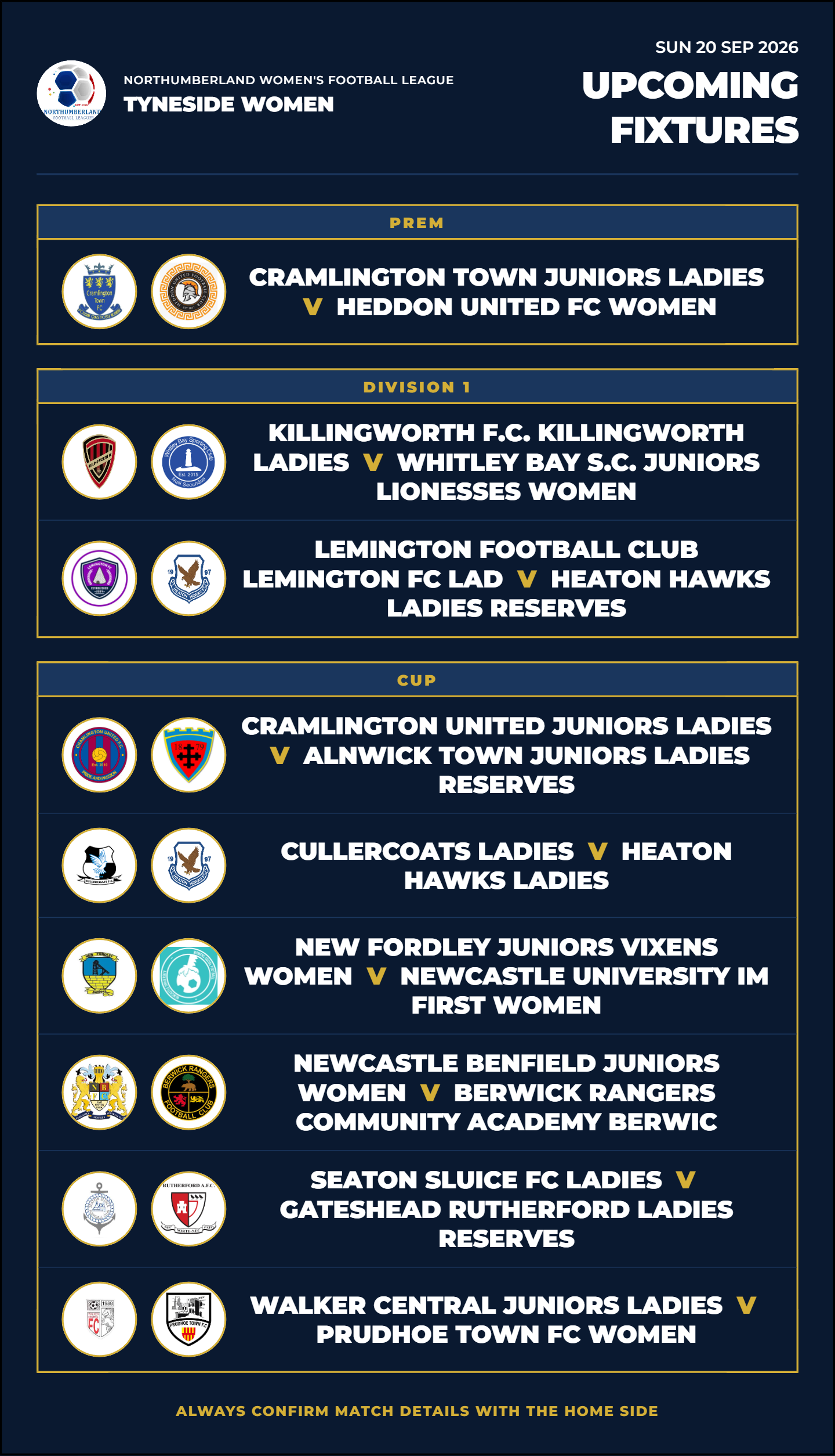 Fixtures for SUN 20 SEP 2026