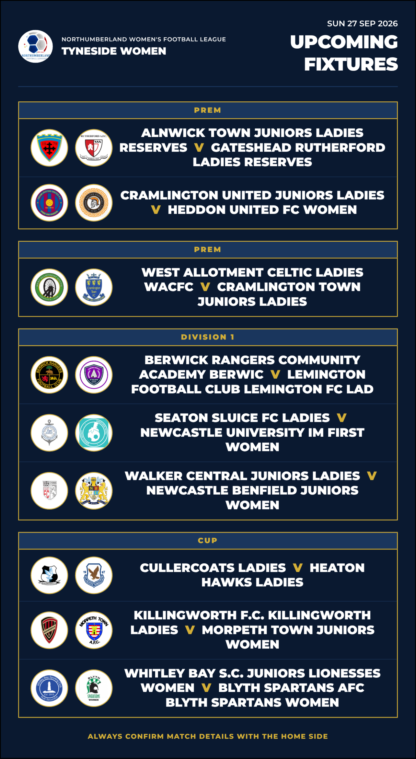 Fixtures for SUN 27 SEP 2026