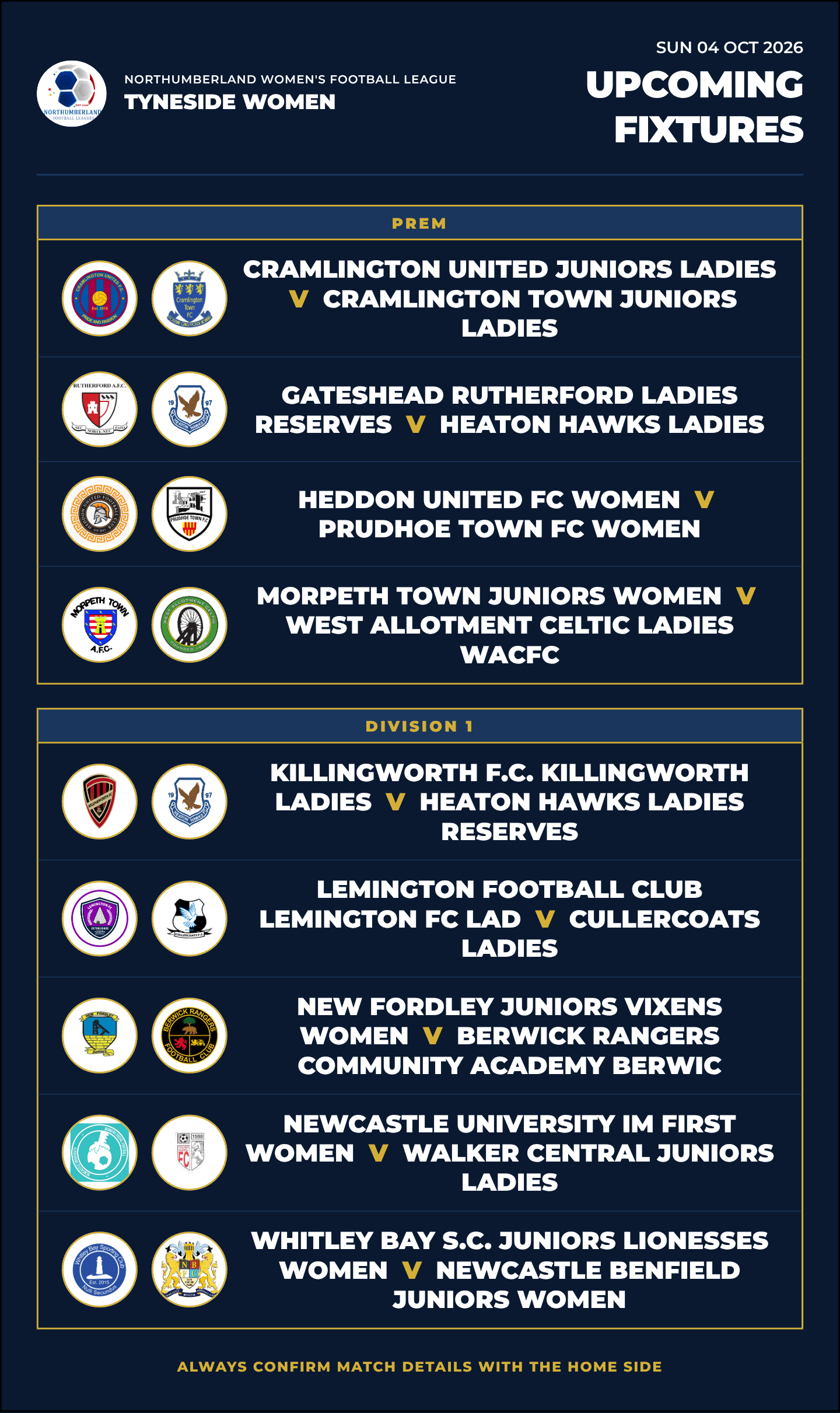 Fixtures for SUN 04 OCT 2026
