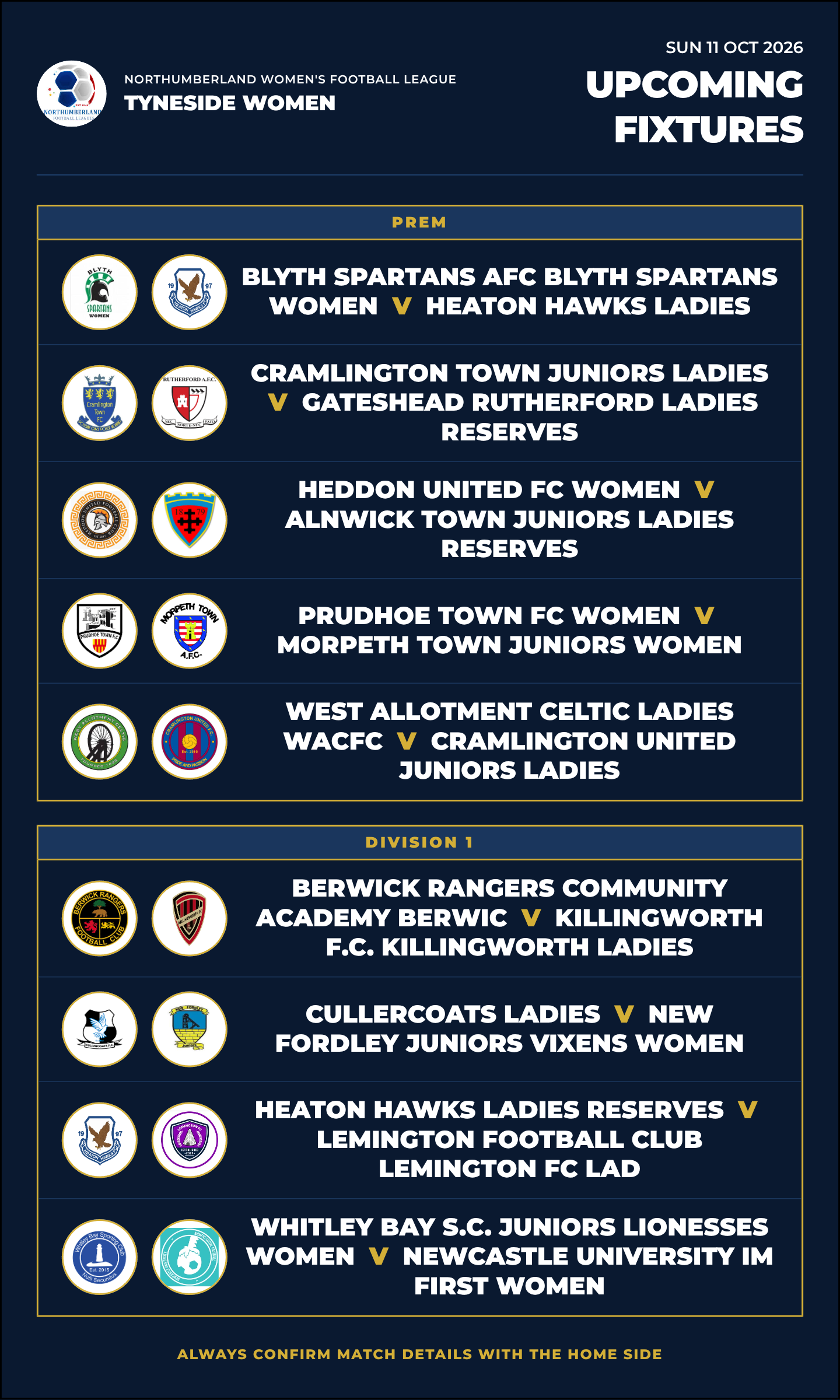 Fixtures for SUN 11 OCT 2026
